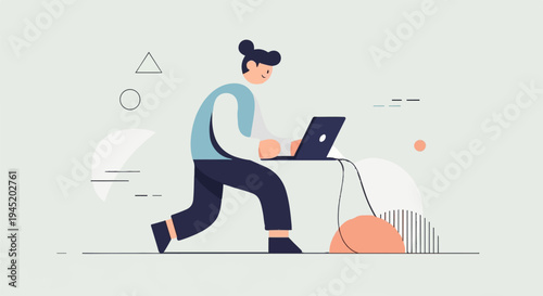 A stylized person walks while using a laptop, surrounded by abstract shapes