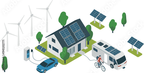 Renewable energy smart home with solar panels, wind turbines, electric vehicle charging, sustainable transportation, green technology, eco friendly power illustration