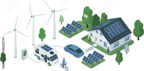 Renewable energy smart home with solar panels, wind turbines, electric car charging, sustainable lifestyle, green technology, clean power ecosystem illustration