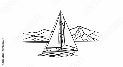 A sailboat glides across calm water with mountains in the background