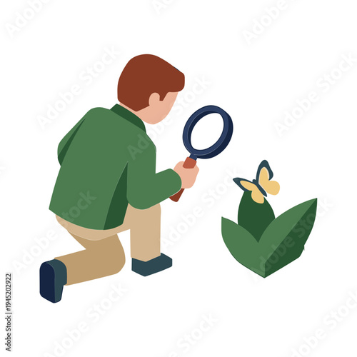 A man examines a butterfly on a plant with a magnifying glass outdoors