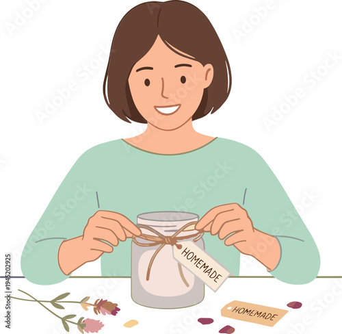Woman making homemade candle with flowers on table indoors