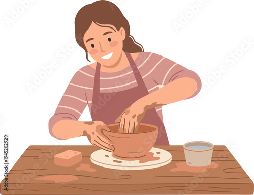 A woman skillfully shapes clay on a pottery wheel in her workshop