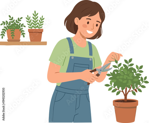 Woman pruning plant with scissors in garden hobby setting indoors