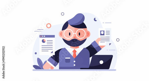 Animated businessman with glasses holds resume, charts and laptop