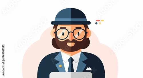 A stylized portrait of a man wearing a bowler hat and glasses