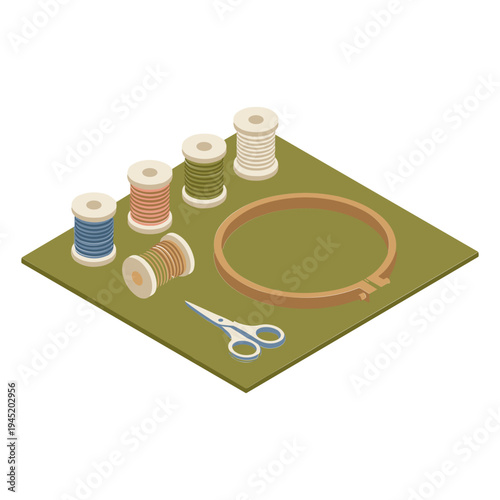 An illustration depicts sewing tools and threads on a fabric pad.