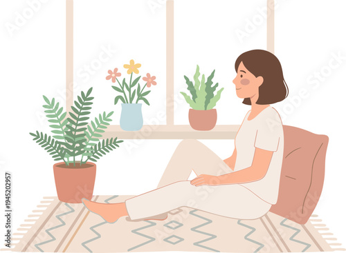 Woman sits on rug reading near plants on windowsill indoors