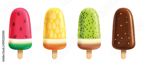 Popsicle fruit ice cream clipart set. Summer 3d cool dessert popsicle and ice cream in watermelon, lemon, kiwi and chocolate flavors clip art collection in white background vector illustration.
