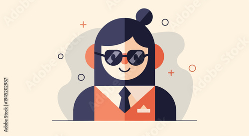 A stylized portrait of a person in sunglasses, formal attire, and a bun