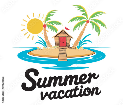 Summer vacation island paradise with beach hut palm trees sun ocean water fun