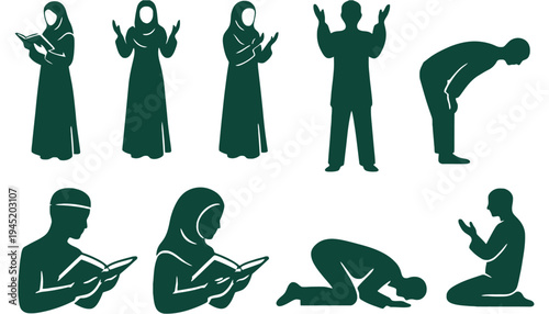 A Muslim people icon set in green silhouette illustration style