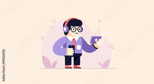Animated figure in headphones and glasses holding a phone and tablet