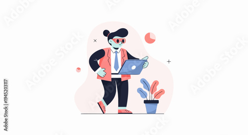 Animated figure in suit holding laptop, standing next to a potted plant