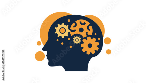 Brain silhouette illustration with gears and orange details