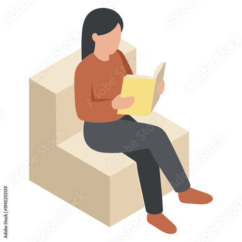 Woman sitting on a cube chair reading a book indoors leisurely