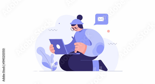 Animated figure working on laptop, receiving an email