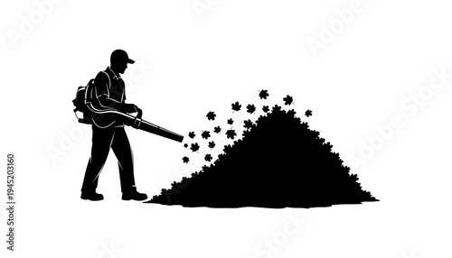 A leaf blower silhouette of a man in a black uniform