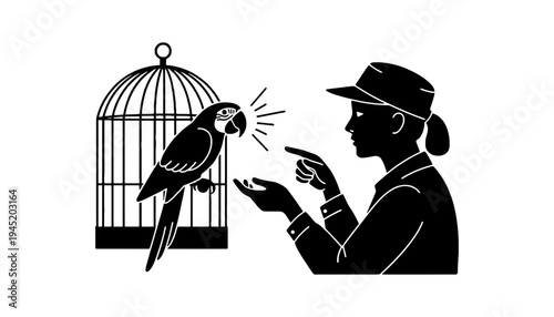 A woman in silhouette talks to a parrot outside its cage