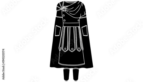 A medieval dress silhouette illustration with a cloak and boots