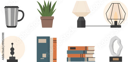 Assorted objects including a mug, potted plant, lamps, books, and sculpture