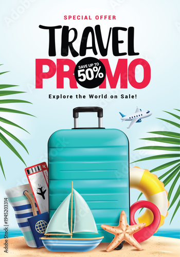 Travel promo clipart poster design. Travel Promo Sale clip art for holiday vacation tour special offer booking discount with luggage bag, tote bag, floater, location and boat traveler elements 