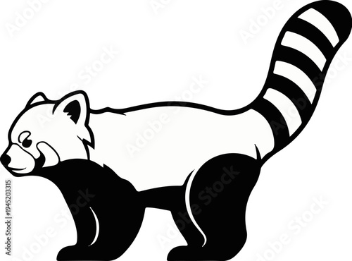 Black and white cartoon drawing of a red panda standing with tail up