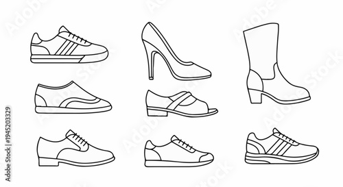 Assortment of footwear line art sneakers, heels, boots, oxfords, and sandals