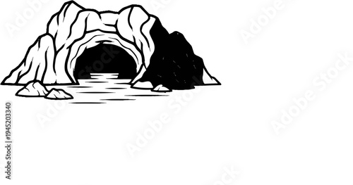 Black and white drawing of a cave entrance with water