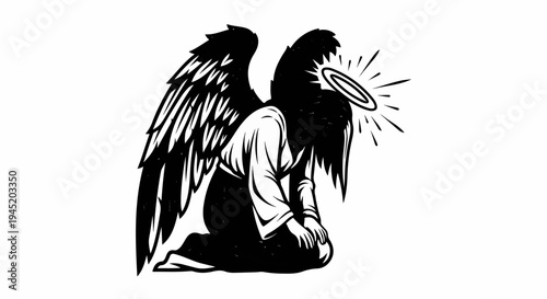 Black and white drawing of a kneeling angel with large wings and a halo