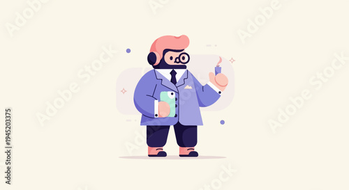 A stylized scientist in a lab coat holds a test tube with a spark