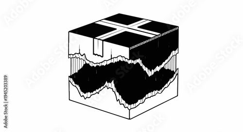 Black and white graphic of a cube with cross pattern and cutaway showing jagged interior