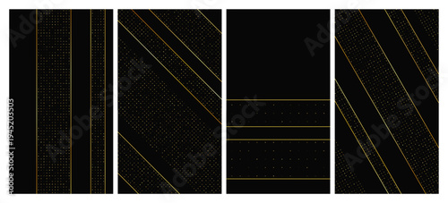 Set of dark backgrounds with golden lines and glittering dots