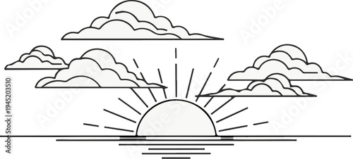 A sunrise with rays of light breaking through fluffy clouds over water