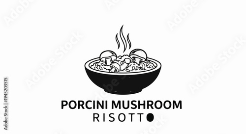 Black and white illustration of a bowl of steaming mushroom risotto with text