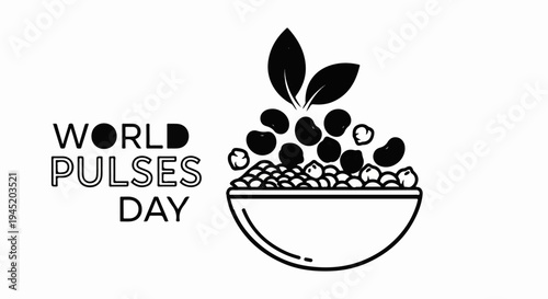 Black and white illustration of a bowl overflowing with various beans, with leaves sprouting above