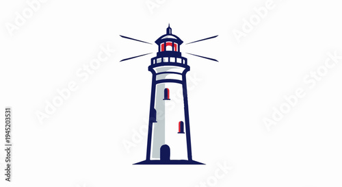 A tall, white, conical lighthouse with red and blue accents, casting light