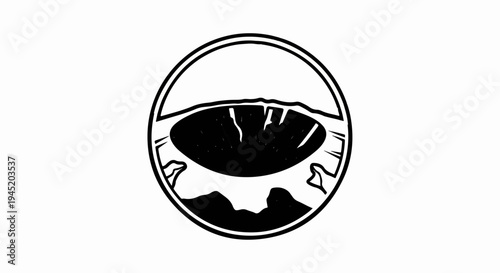 Black and white illustration of a circular portal or eye-like opening with jagged edges