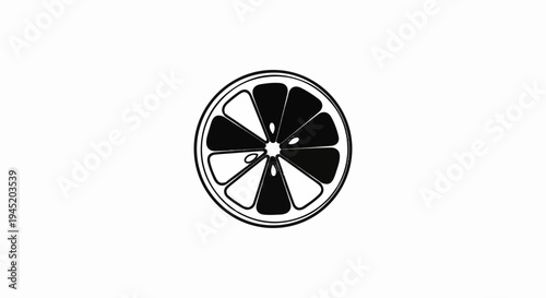 Black and white illustration of a citrus fruit slice with alternating dark and light sections