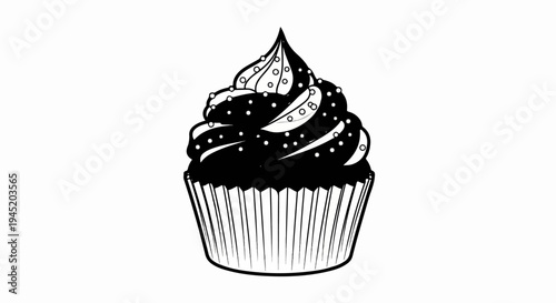 Black and white illustration of a cupcake with swirls and dots