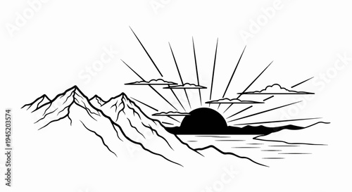 Black and white sketch of sun rising behind mountains over water