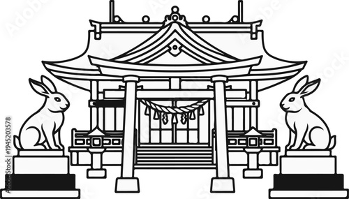 A traditional shrine with a torii gate and two guardian rabbits