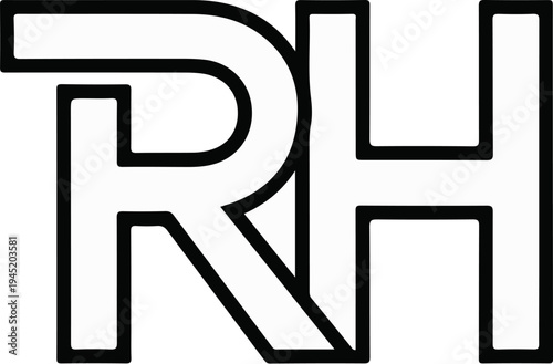 Bold, black-outlined letters R and H on a white background