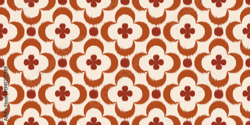 Ikat ethnic seamless pattern with floral motif. Abstract vector print with flowers. Traditional oriental ornament for textile and fabric with rug texture.