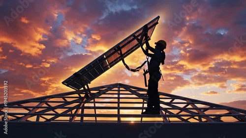 Dedicated worker expertly installs solar panel technology on rooftop during dramatic sunset, clean, renewable energy installation for brighter future