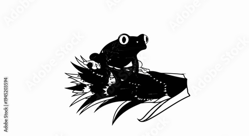 Black and white illustration of a frog perched on a spiky plant
