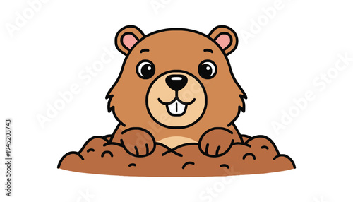 A cute cartoon groundhog illustration peeking out of its burrow