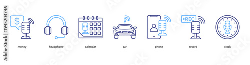 Podcast Essentials web banner icon vector illustration featuring money, headphone, calendar, car, phone, record, and clock for digital broadcasting and creative media.