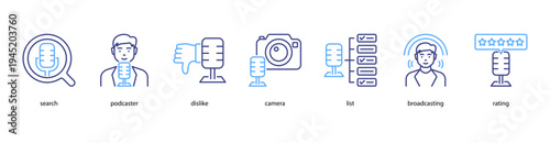 Creative Podcaster Tools web banner icon vector illustration featuring search, podcaster, dislike, camera, list, broadcasting, and rating for content creators.