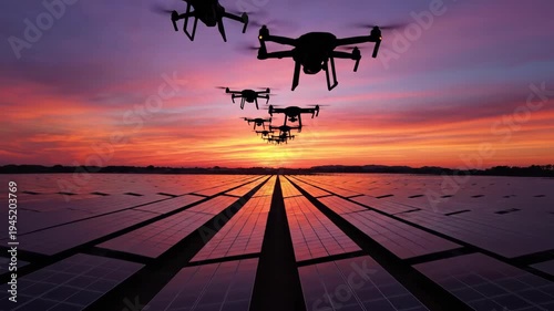 Multiple drones monitor vast solar panel farms under vibrant sunset, advanced technology and renewable energy innovation converge